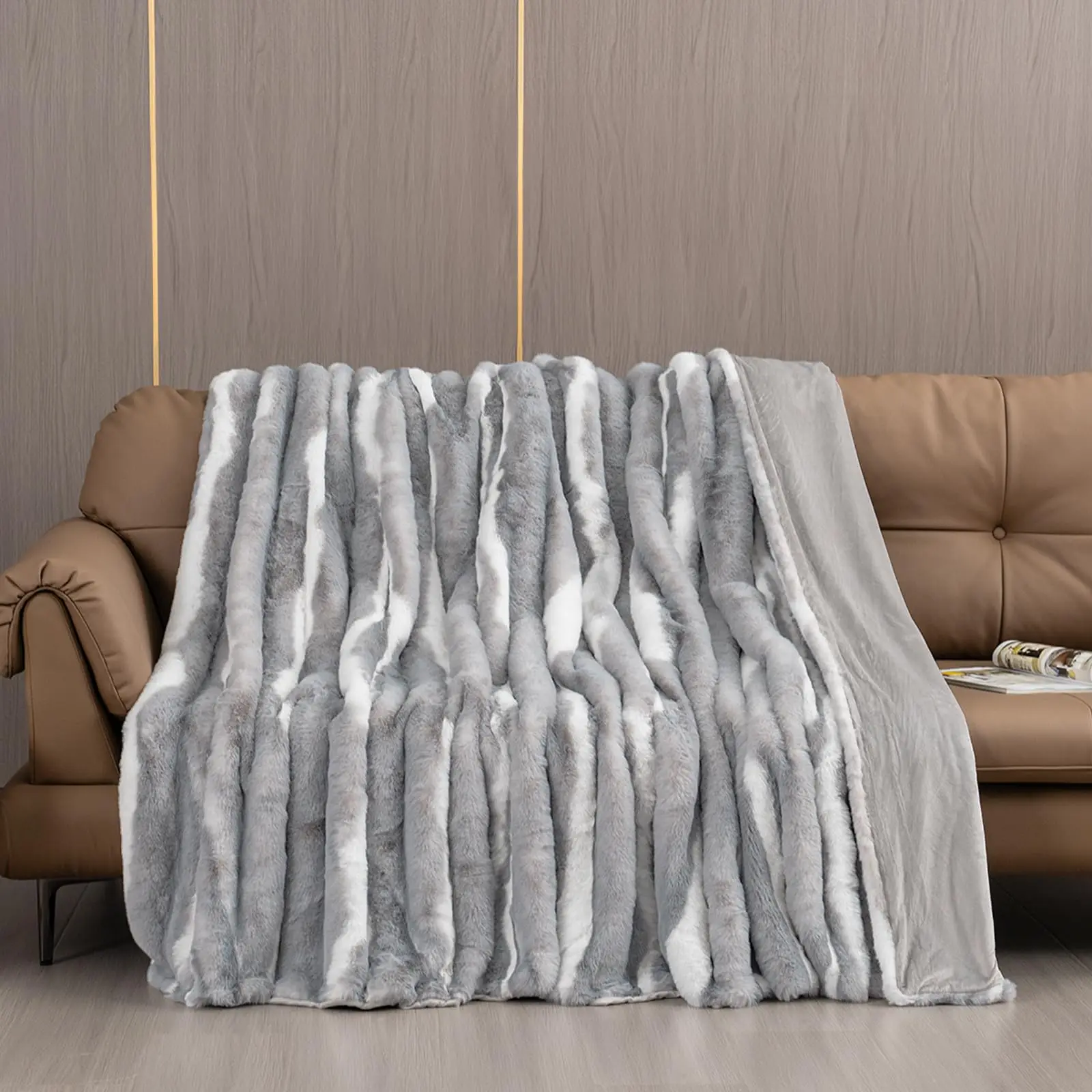 Faux Rabbit Fur Blanket, Autumn & Winter Bed Blanket - Soft, Thick, Warm & Fluffy Striped Blanket, Light Gray