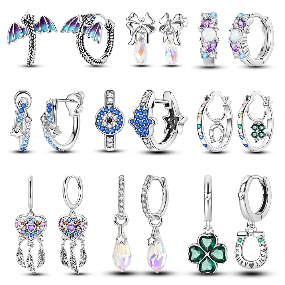 Silver Plated Hoop Earring Original Pendientes Meteors Horseshoe Clover Fiery Dragon Classic Style Fashion Jewelry Woman Gift