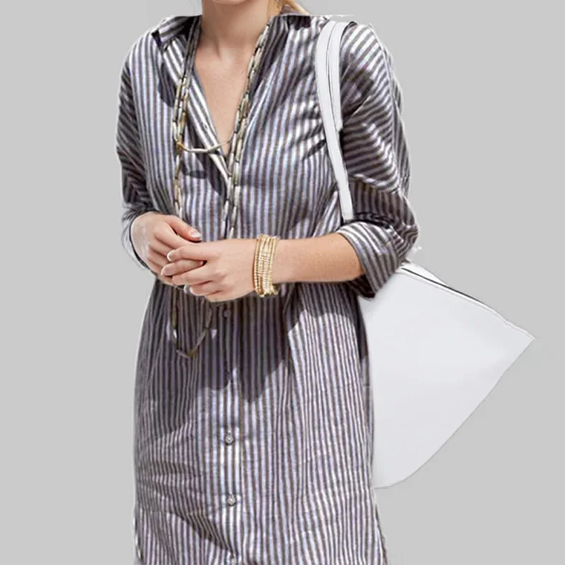 SKMY 2025 Spring Women Clothing Fashion New Striped Single-Breasted Cardigan Three-Quarter Sleeve Turn-Down Collar Shirt Dress