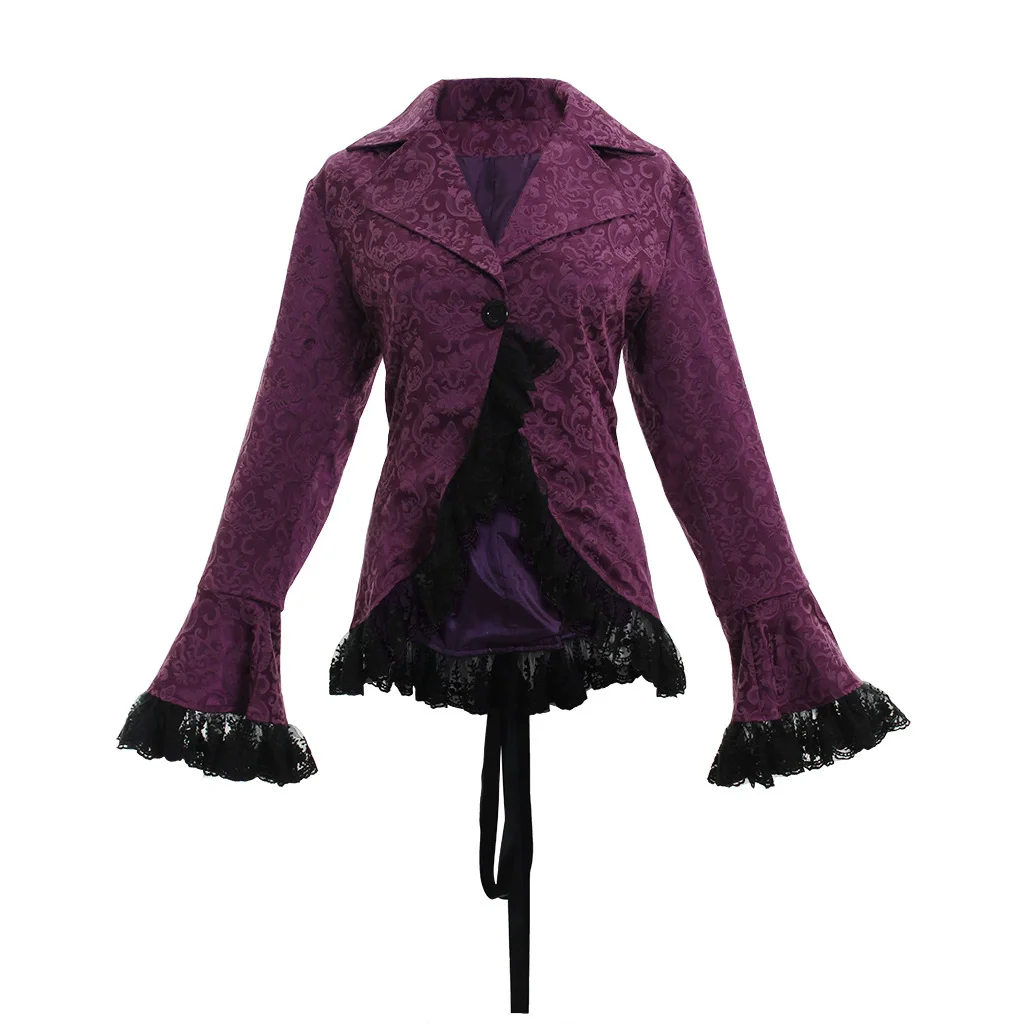 

Women Gothic Riding Jacket Coat Black Velvet Lace Steampunk Victorian Style Jacket Medieval Vintage Overcoat Outwear 4XL