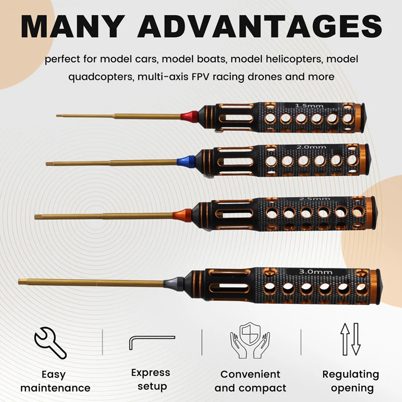 Tournevis hexagonal en titane plaqué, outil de tournevis pour modèle RC, voiture, bateau, avion, 1.5mm, 2mm, 2.5mm, 3mm, 4 pièces par ensemble