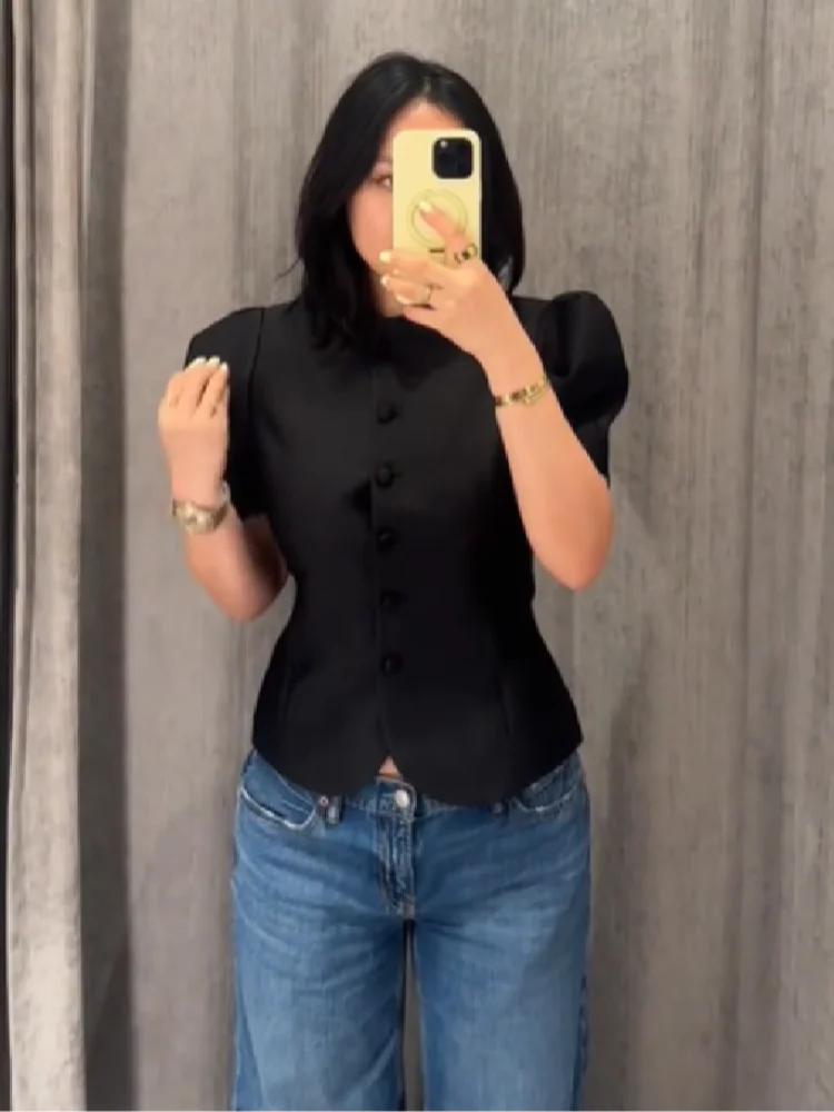 Minimalist Chic Blouse Modest Retro Button Fitted Waist Short Sleeve Tops Women Daily Casual Street Elegant Versatile Outfit