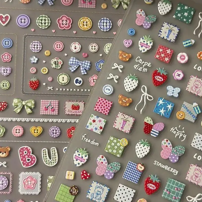 1 Sheet Multicolor Cartoon Bear Heart Star Decals Embossed Cute Button Nail Stickers Self‑Adhesive Sweet Manicure Sticker