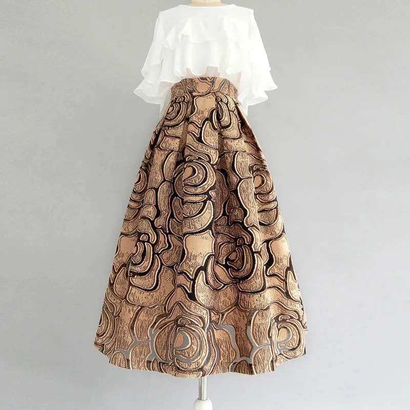 Khaki Geometric Vintage High Waist Ball Gown A-line Loose Women's Skirt Knee-Length Long Skirts For Women Clothing Fashion