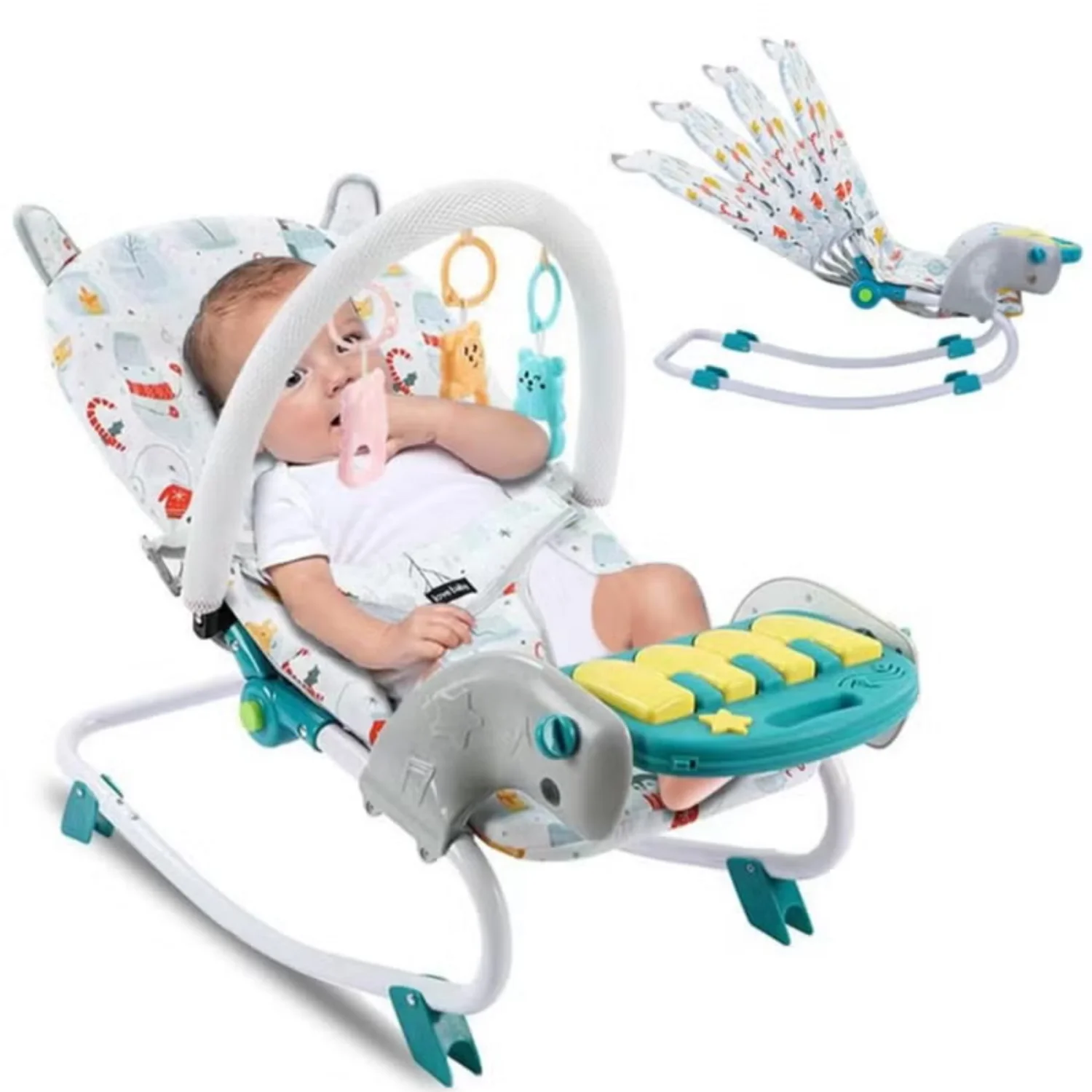 كرسي أطفال 2 في 1 مع موسيقى وألعاب، كرسي أرجوحة قابل للتعديل لحديثي الولادة من عمر 0 إلى 12 شهرًا، كرسي هزاز للأطفال قابل للطي #1