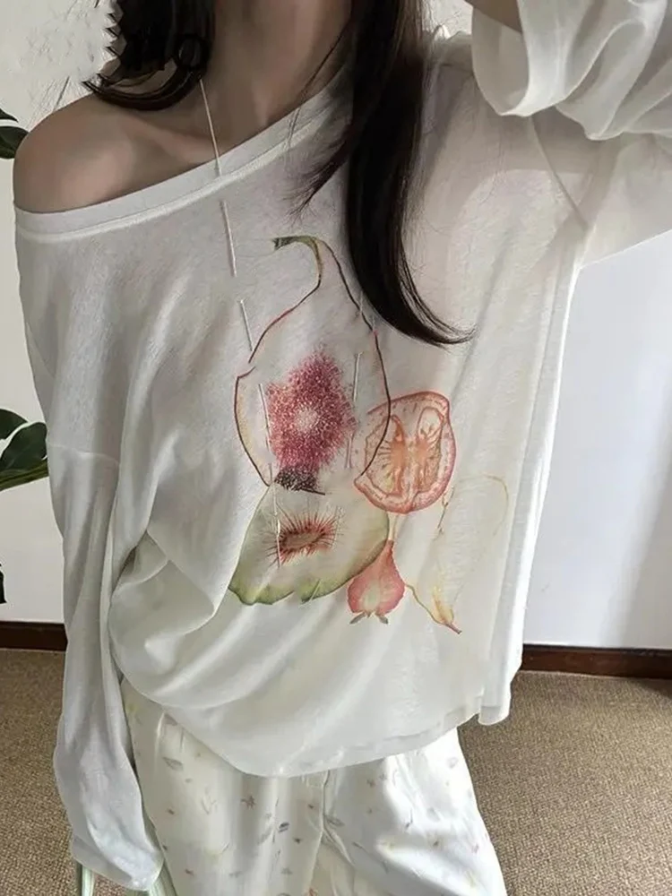 White Print Long Sleeve T-shirts Women Korean Chic Loose Lazy Micro Transparent Tops Off Shoulder Fashion Casual Tees