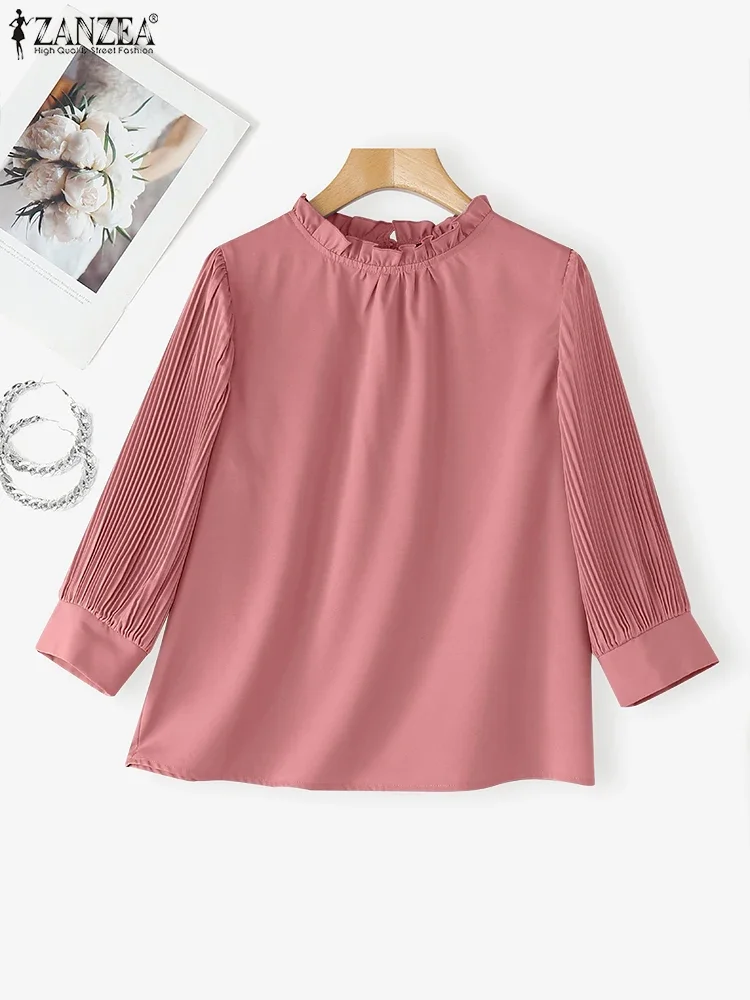 2025Herfst ZANZEA Elegante Blouses Vrouwen 3/4 Bladerdeeg Mouw Geplooide Mode Tops Casual Stijlvolle Shirts Verstoorde Effen Kleur Blusas