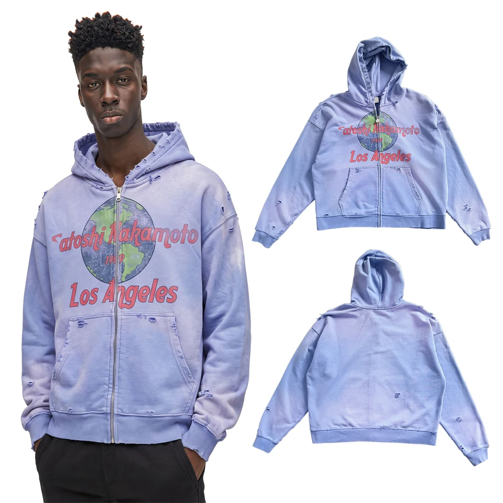 American Retro Streetwear Street Graphic Zip Up Hoodies Hiphop Street Style Heavy Weight Cotton Distressed Ripped Casual Hoodies