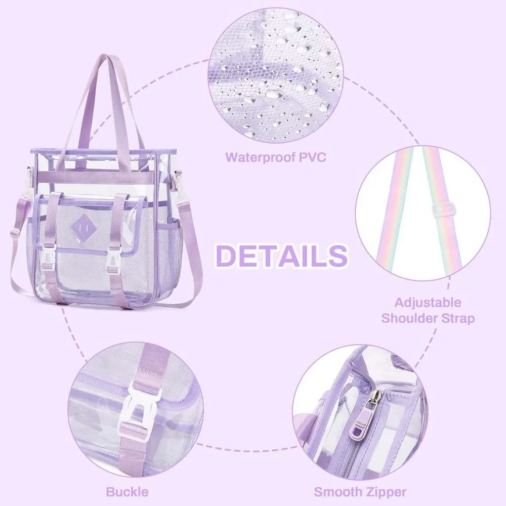 Candy Color Transparent Beach Handbag Multi-pockets Large Capacity Crossbody Jelly Bag with Removable Straps Swimming Tote