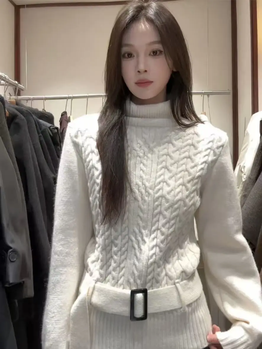 한국 슬레 하이넥 트위스트 스웨터 여성용 가을 겨울 루즈핏 허리 조임 부드럽고 포근한 니트 베이스 레이어 탑