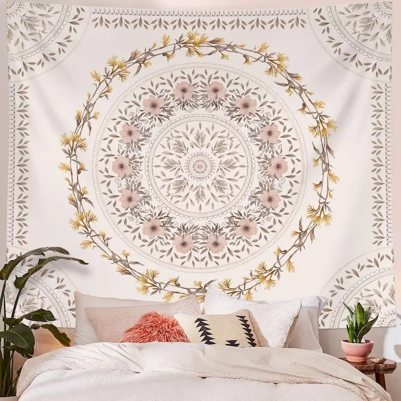 VIKAMA White Floral Wreath Mandala Tapestry Wall Hanging, 6 Designs, Wall Decor for Bedroom Living Room Dorm