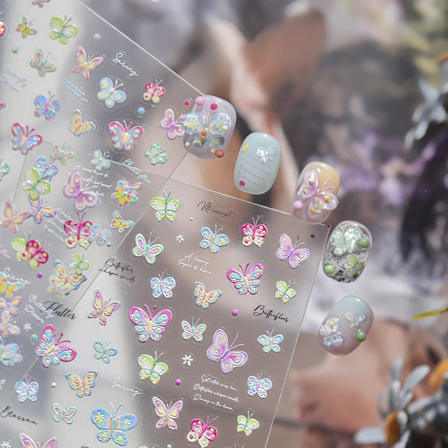 Colorful Hand Drawn Butterfly Nail Stickers Gradient Wing Flower Self Adhesive Nail Art Charm Sticker Manicure Decoration Decals