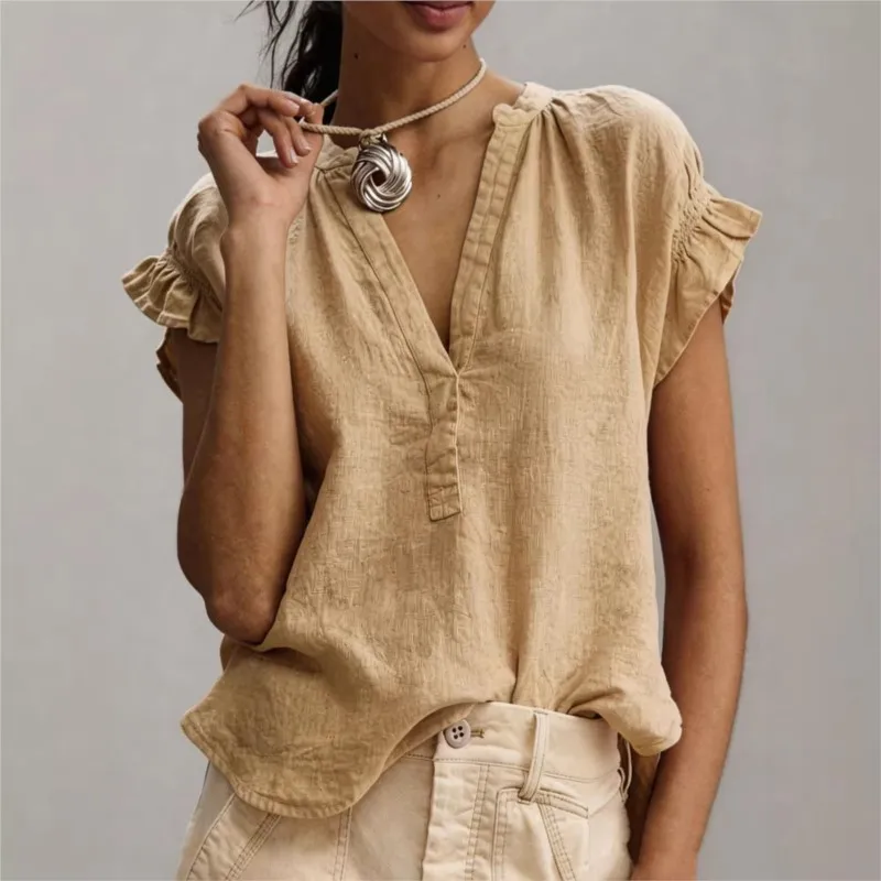 

New Summer Top Shirt Elegant Sweet Short Sleeve V-neck Casual Womens Clothing Sweet Short Sleeve Solid color Party Tops Shirts