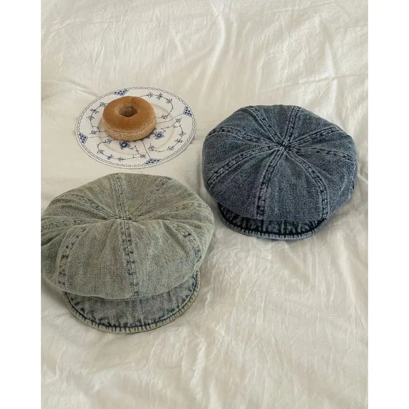 New Washed Denim Large Version Octagonal Hat Women's Sunshade Spring and Autumn Casual Short Brim Soft Top Newsboy Caps Gorras