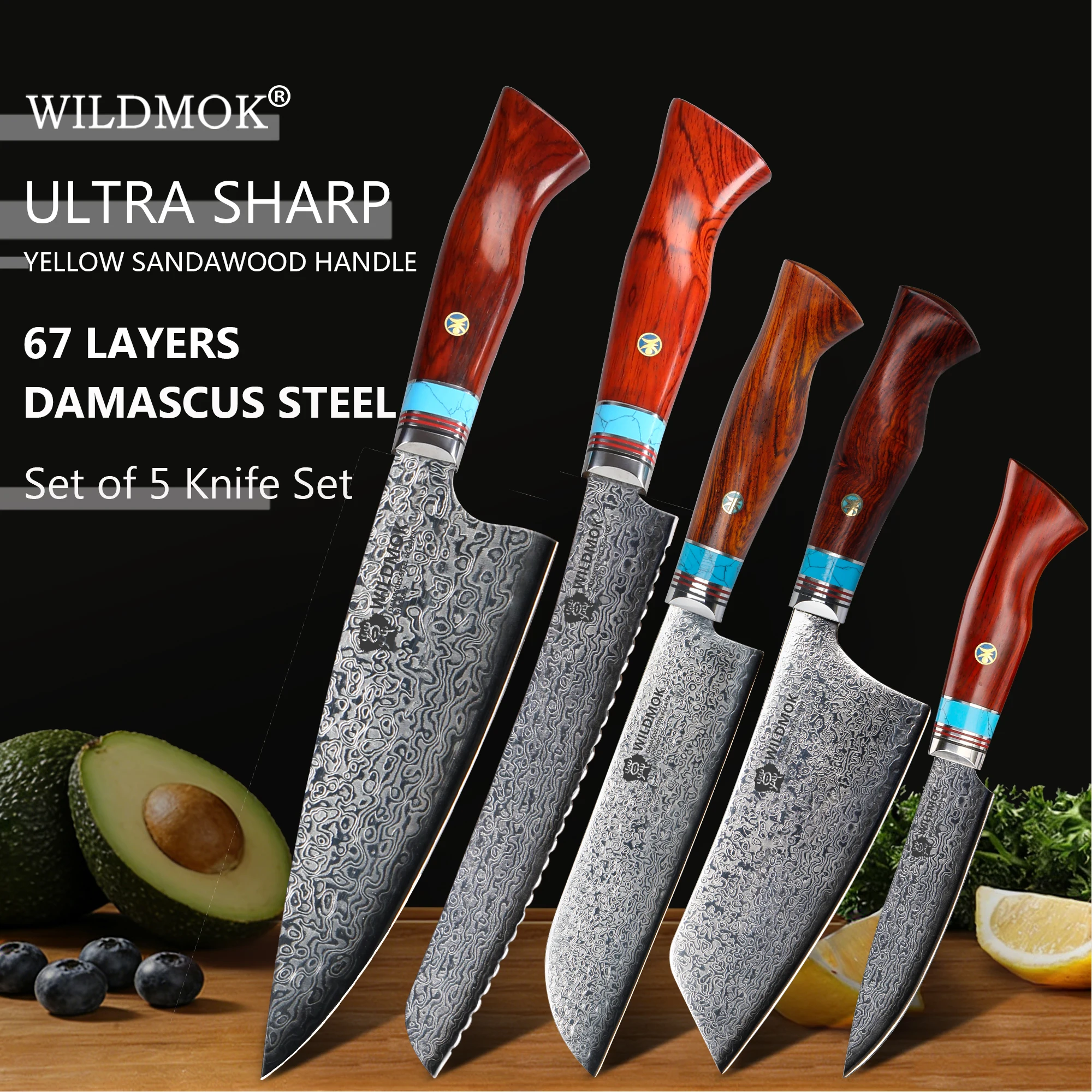 WILDMOK Handmade Damascus Steel Kitchen Knife Set, Yellow Sandalwood Handle, Forged Chef Knife for Meat Vegetable Cutting