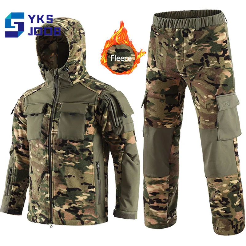 Tactical Hiking Polar Fleece Set Mens Outdoor Warm Windproof Multi-pocket Jacket+pant 2 Pcs Suits Camping Treking Hunting Sets