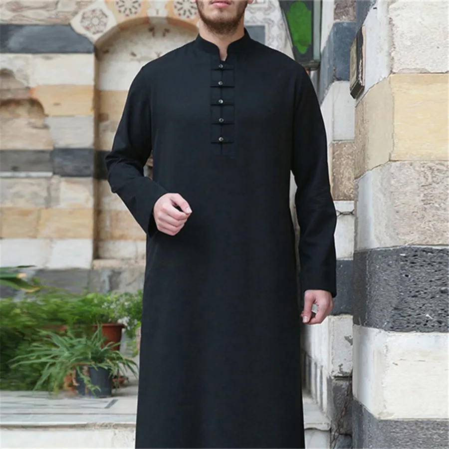 Muslim Robe Men Jubba Thobe Saudi Arabia Kaftan Black Stand Collar Abaya Qamis Caftan Islamic Men\'s Clothing Islam Dress Eid