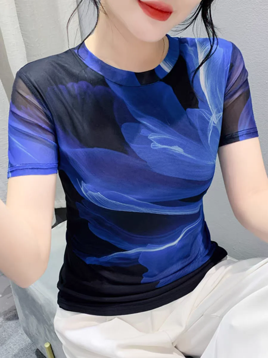 

Summer Mesh T-shirt Woman Slim Mesh T-Shirts Positioning Print Flower Top Girls Simple O Neck Elastic Tees FF8155