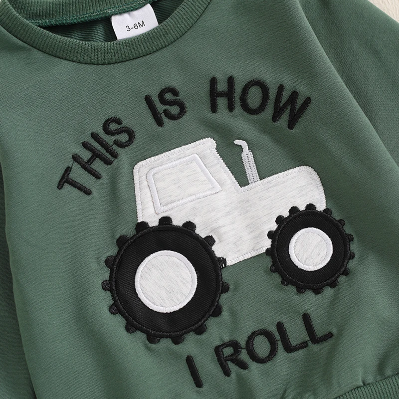 Baby Clothing Boy Tractor Print Long Sleeve Sweatshirt with Elastic Waist Sweatpants Infant Newborn Pat Clothes Set