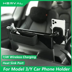 Herval For Tesla Model 3 2018-2023 Model Y 2020-2023 Car Phone Holder 15W Wireless Charging Phone Mount Bracket Glasses Holder