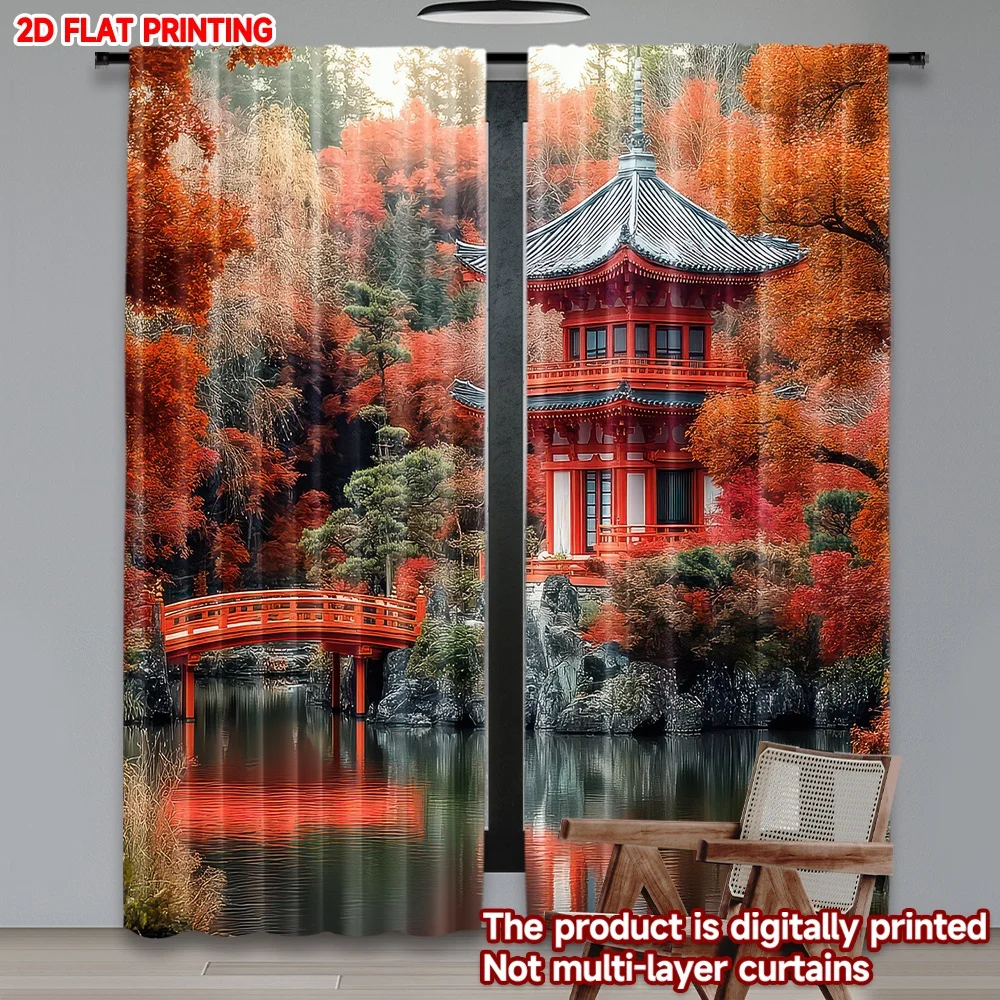 

2D flat printing 2pcs Window Treatment Curtains Autumn Japanese Temple Scene Digital Printed Polyester Drapes Family Party