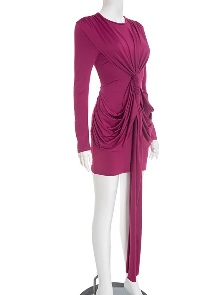 セクシーなツイストタイドレープミニボディコンワンピース レディース 無地 Oネック 長袖 ハイウエスト リボン スリム 秋 パーティー クラブドレス