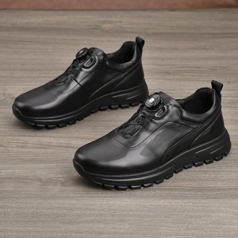 Trendy Genuine Leather Shoes Men Rotary Button Easy Wear Walking Luxury Golf Sneakers Running Jogging Protect Safe Work Street