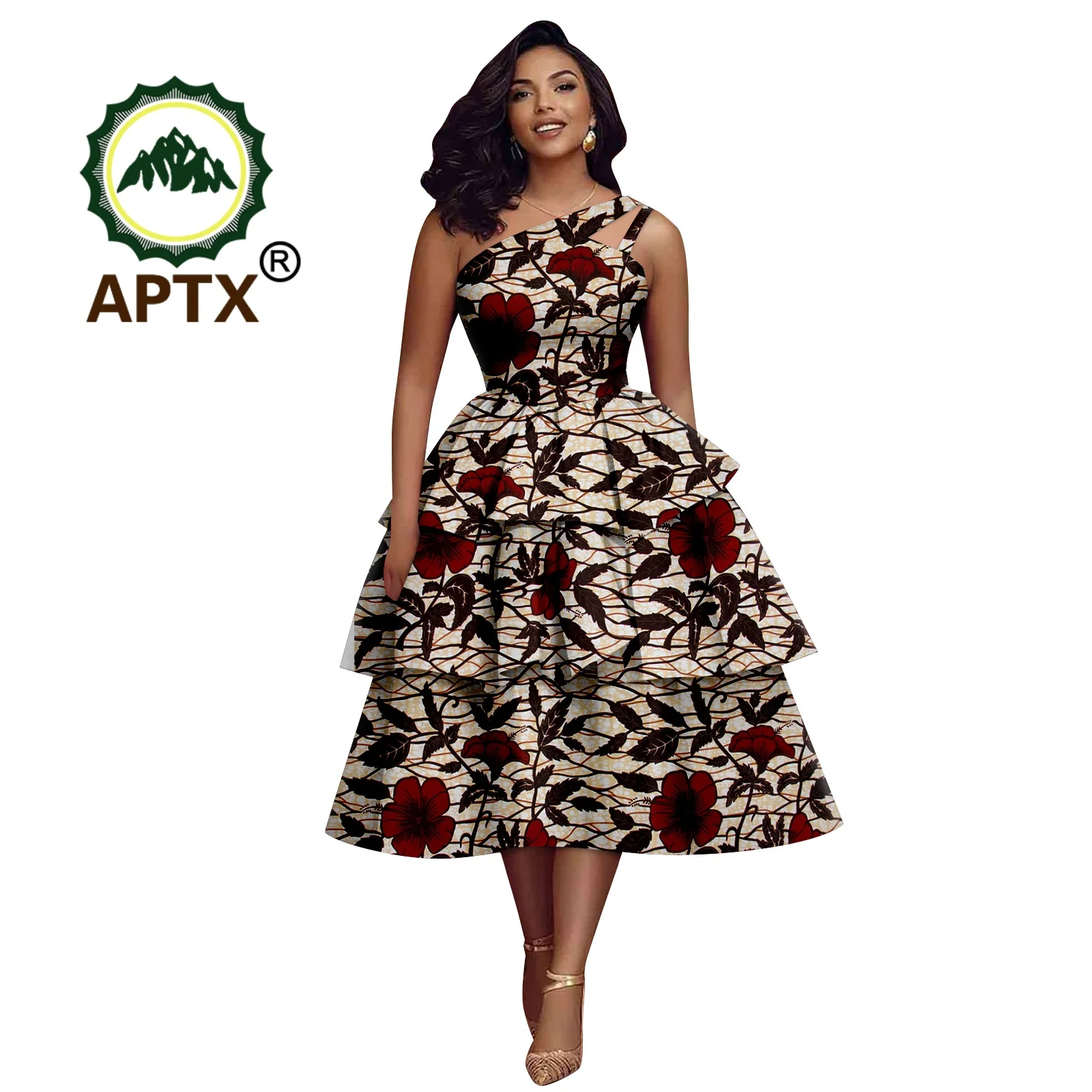 

African Dress for Women Ankara Print Skew Collar Sleeveless Mid-Calf Cascading Dress Dashiki Elegant fashion Casual Party Dress