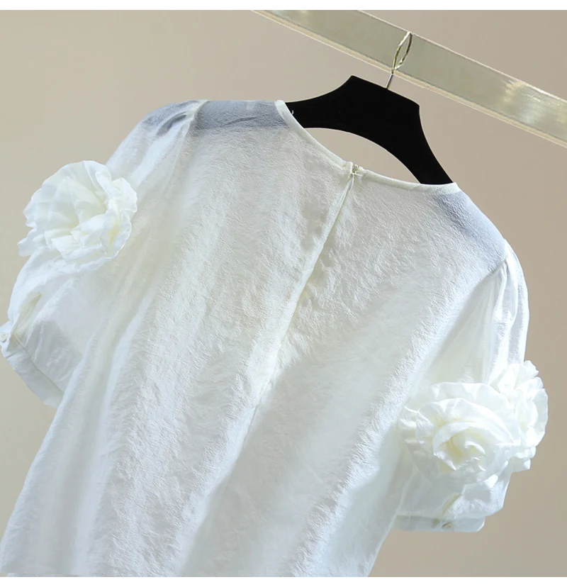 Blusa flor tripulação pescoço manga curta chiffon camisa feminina 2025 verão brilhante zíper atrás pulôver blusas damasco topo