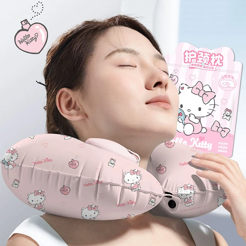 Sanrio-almohada inflable en forma de U, HelloKitty, Chica de Anime, viaje, portátil, tipo prensa, almohada inflable para el cuello, almohada para la siesta Cinnamoroll