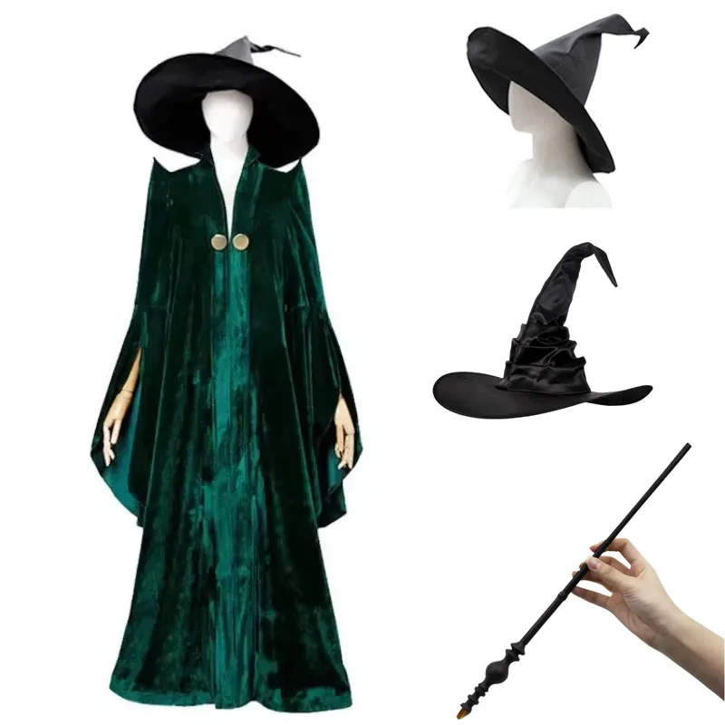 الساحرة معالج تأثيري البروفيسور مينيرفا ماكغوناجال تأثيري حلي الأخضر كيب المخملية لعب الأدوار عباءة هالوين كرنفال زي #1