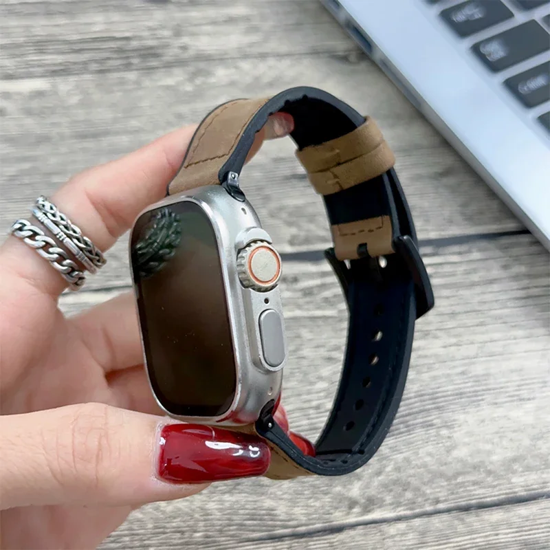Silicone+Leather Strap For Apple Watch Band 49mm 44mm 45mm 42mm 40mm 41mm 46mm bracelet correa iWatch series 10 9 8 7 6 5 4 Se 3