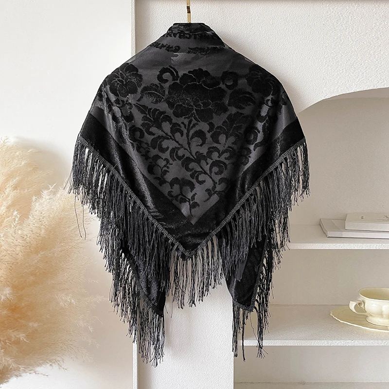 2025 New Spring and Summer Brand 110X110cm Retro National Style Velvet Jacquard Fringe Square Scarf Fashion Sunscreen Lady Shawl