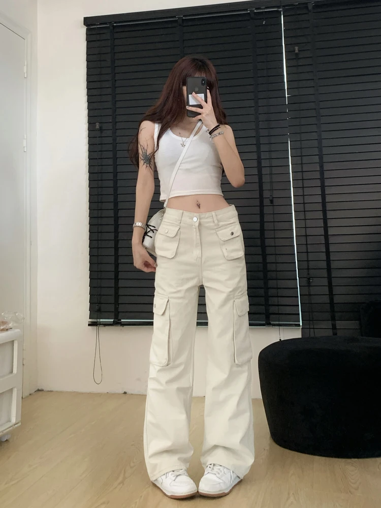 Women's Off White Cargo Pants Vintage Y2k Harajuku Aesthetic Streetwear Parachute Pants High Waist Wide Trousers 2000s Clothes