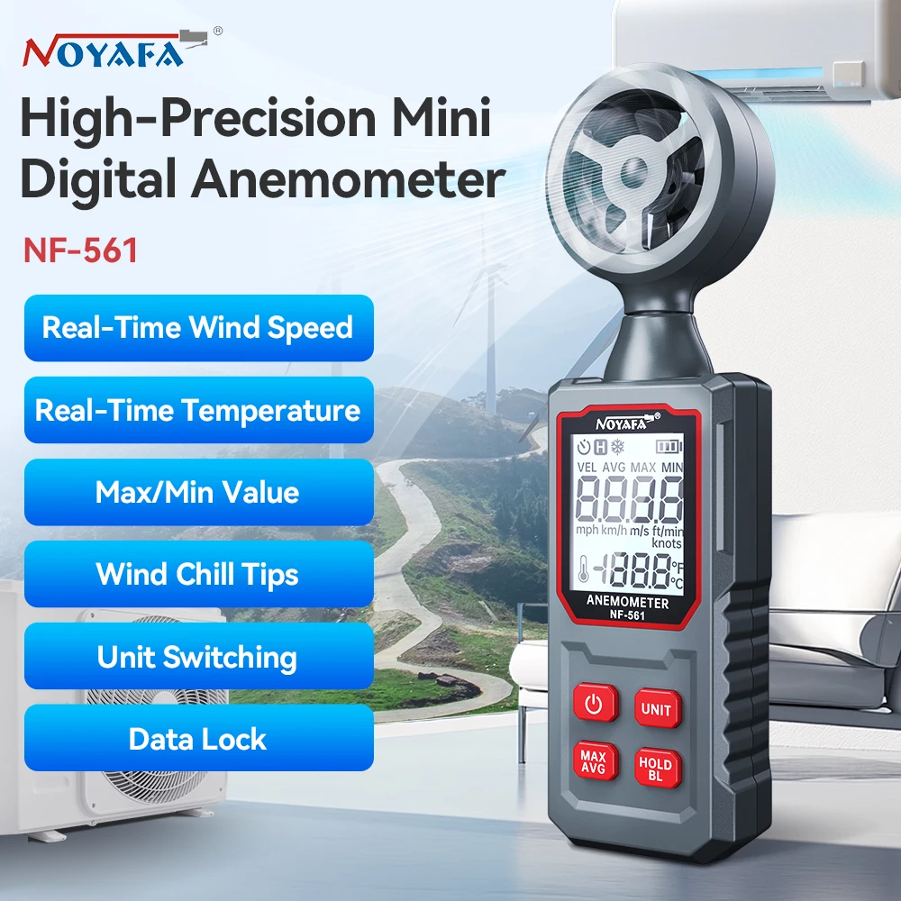 NOYAFA NF-561 Anemómetro digital portátil Velocidad del viento Mini Velocidad del aire Temperatura del flujo de aire con retroiluminación LCD Medidor de velocidad del viento