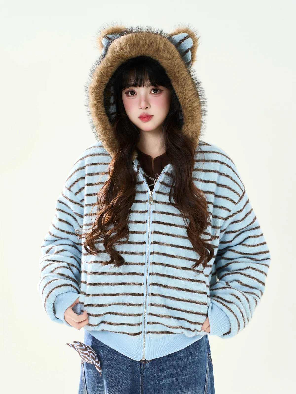 

ENJOG American Stripe Plu Bear Hooded Cotton Jaet Women Winter Thiened Casual Outerwear Loose Fit Long Sve Zipper