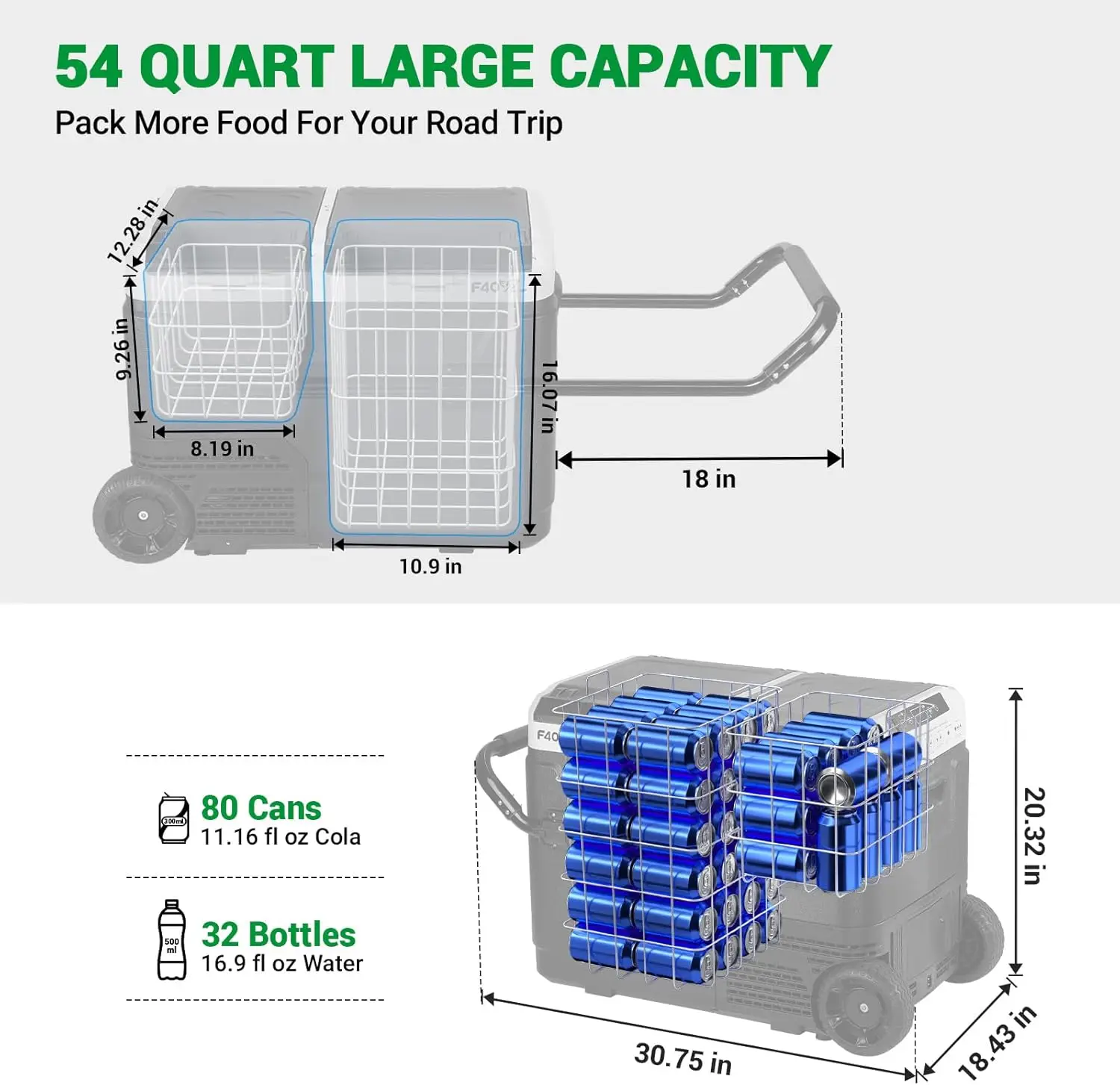 Refrigerador portátil de 12 voltios, congelador de coche de doble zona de 54 cuartos, Control de temperatura independiente (-4 ℉ ~ 68 ℉), nevera de compresor de 51L