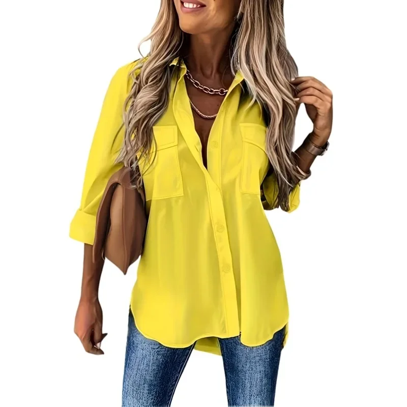 حجم كبير 1XL-5XL المرأة موضة التلبيب بلون قميص المرأة عادية جيب الديكور قميص بسيط قميص فضفاض بأكمام طويلة #4