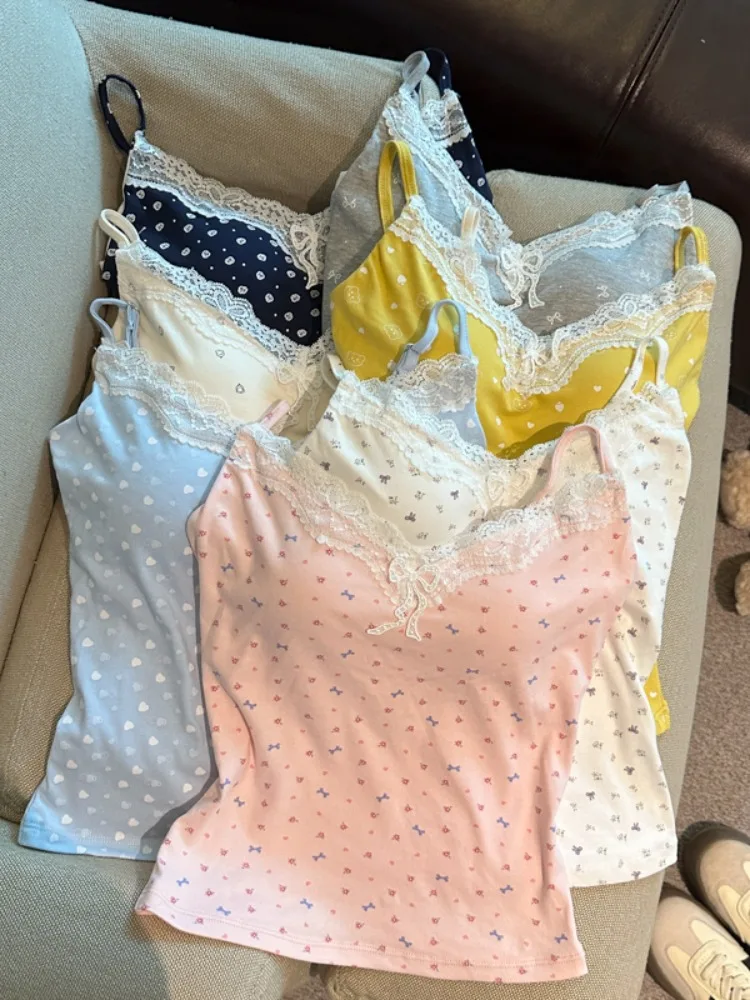 

Summer New Style Lace Splice Short Fit Women's Camisole Top Floral Print Underwear Tank Top with Chest Pad Citywalk Fashion