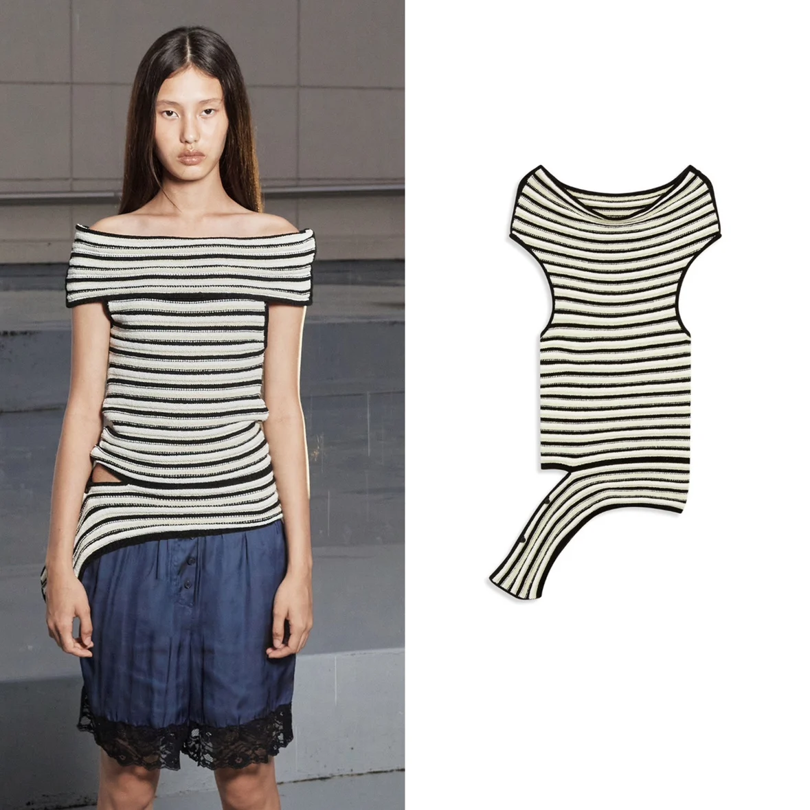 

Open Knitted Slim Fit ort Sve One oulder Irregular Color Blo Striped Top for Young Women Faionable Spring Vest