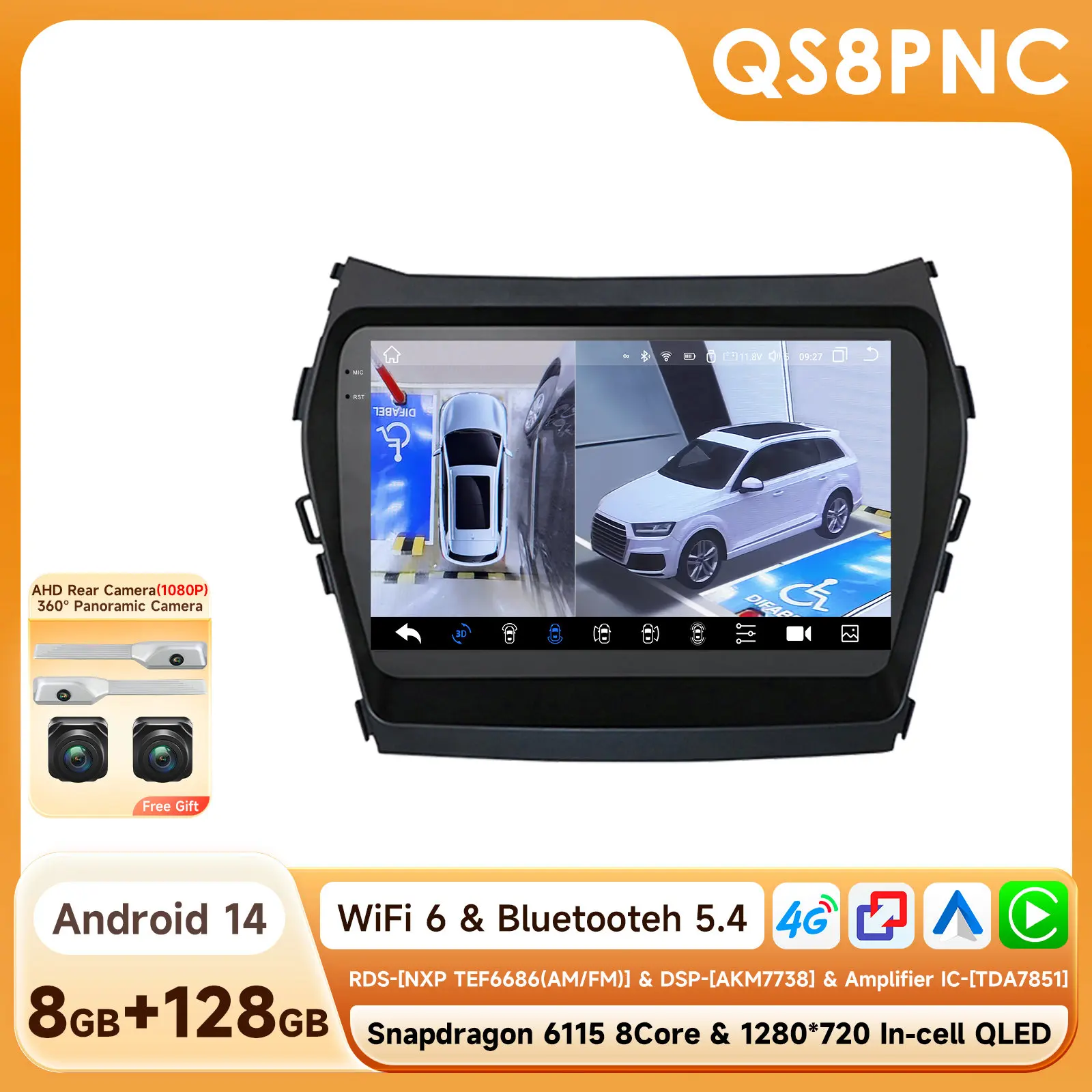 Hizpo Carplay Android 14 Voor Hyundai IX45 Santa Fe 2013-2017 Autoradio Multimedia Speler Video GPS QLED Scherm navigatie 4G BT