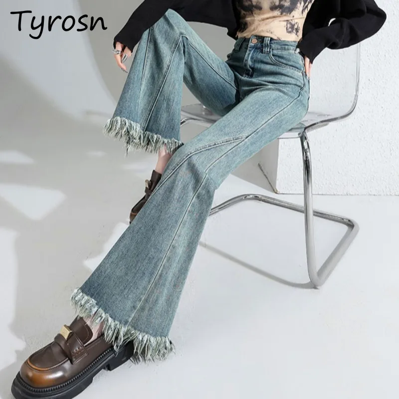 

Jeans Women Summer Thin New High Waist Slim Vintage Korean Style Tassel Fur-edge Design Fashion Daily Horseshoe Flared Trousers