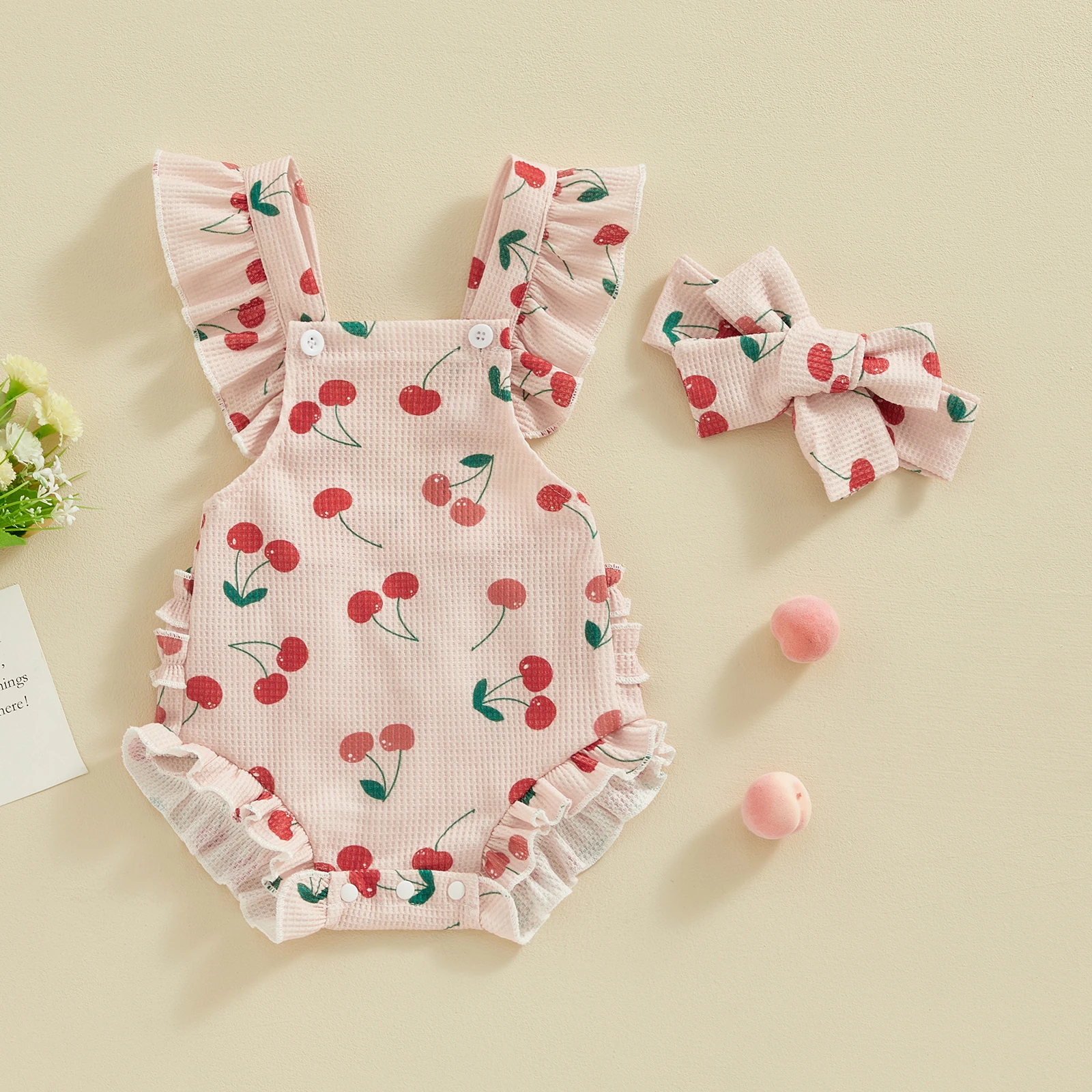 

Baby Girls Romper Bodysuit and Headband Strawberry/Flower/Cherry Print Fly Sleeve Frills Infant Jumpsuit Summer Clothes