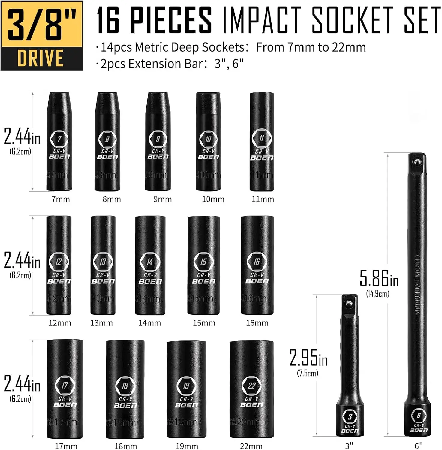 Boen 3/8 "Aandrijving 16-delige Metrische Doppenset 7 Tot 22Mm, 6 Punten Ontwerp, Cr-V Staal, Zware Opbergkoffer
