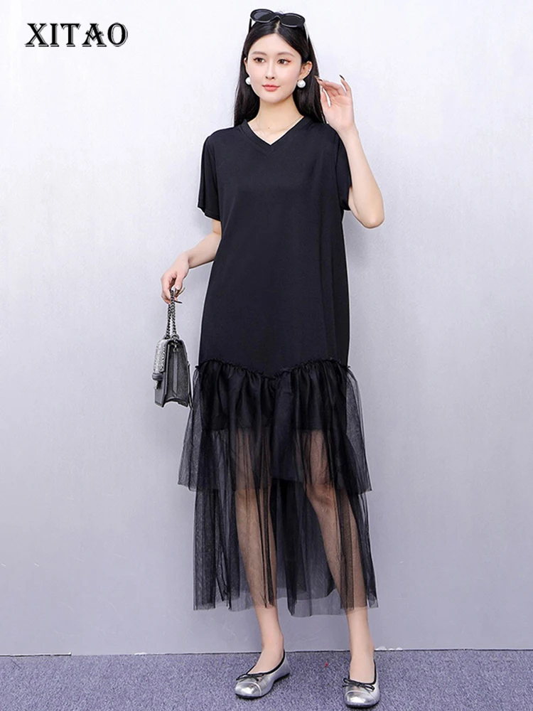 

XITAO Lace Patchwork Mesh V-neck Dress Casual A-line Short Sleeve Fashion Elegant Solid Color Simple Summer Women Dress ZMY1208