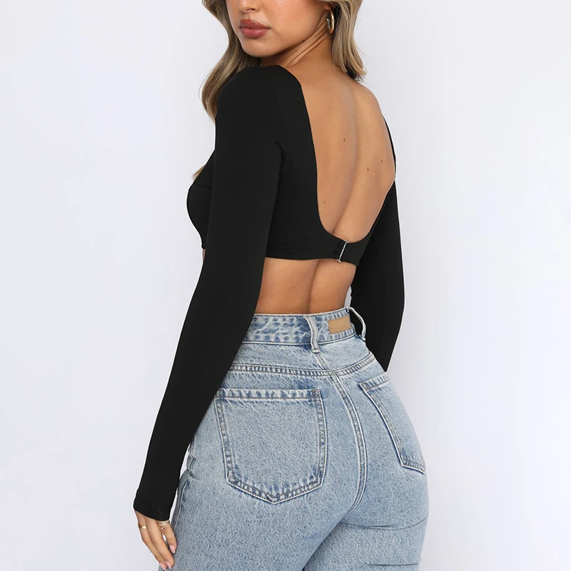 Women Sexy Crop Tops, Solid Color Low Cut Long Sleeve T-shirt Showing Belly Button Clubwear