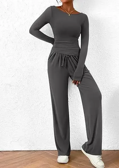 Solid Color Casual Two-piece，asymmetrical Crew Neck Slim-fit Long Sleeve T-shirt, Drawstring Wide Leg Pants,women Spring/autumn