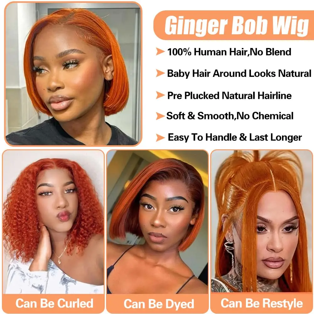 VideoOrange-Perruque Bob Lace Front Brésilienne Naturelle, Cheveux Humains, 13 Tages, Pre-Plucked, Transparent, #350, pour Femme