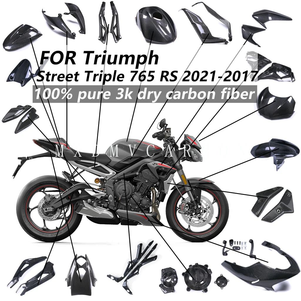 

3K Dry Carbon Fiber Motorcycle Accessories For Triumph Street Triple 765 RS 2021-2017Fixed Wing Fuel Tank Side Panel Fairing Kit