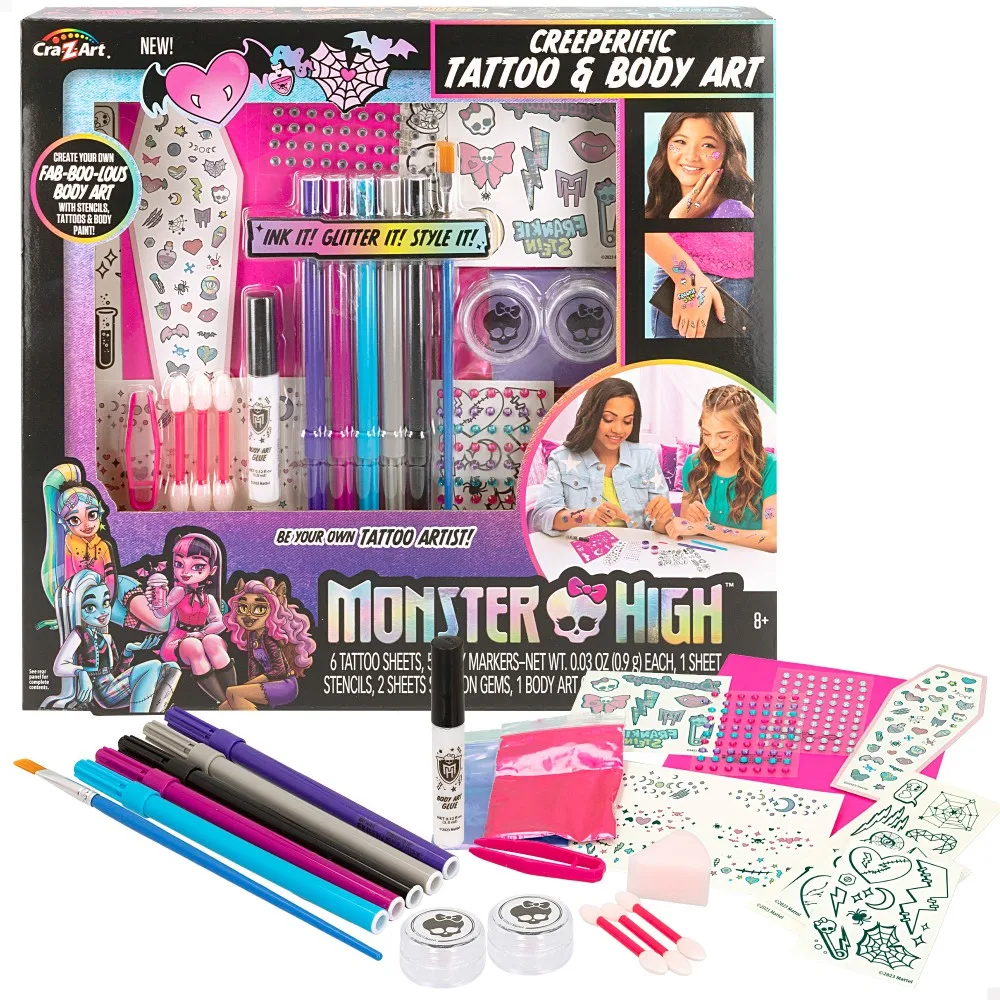 Monster High temporary girls Tattoos Set including stencils, glitter, utensils, pens and decorative pearls, Tattoos kids, temporary Tattoos, shiny Tattoos